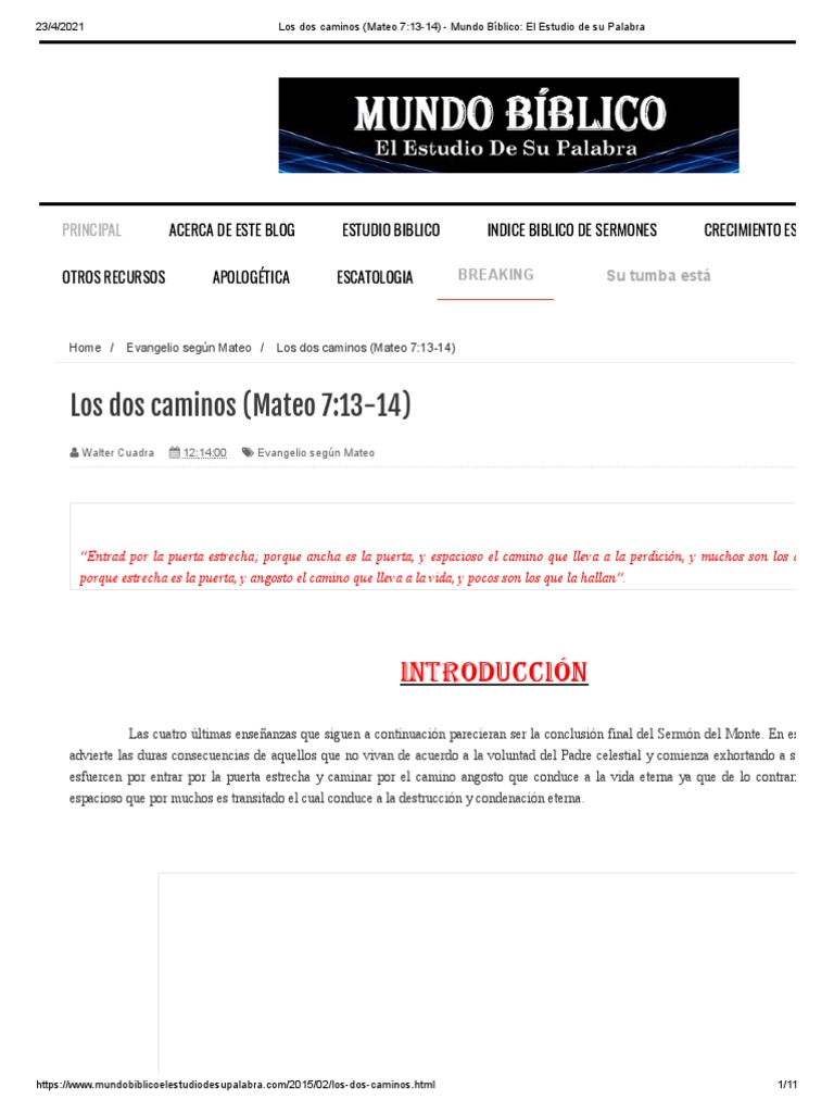 Los Dos Caminos (Mateo 7-13-14) - Mundo Bíblico - El Estudio de Su ...