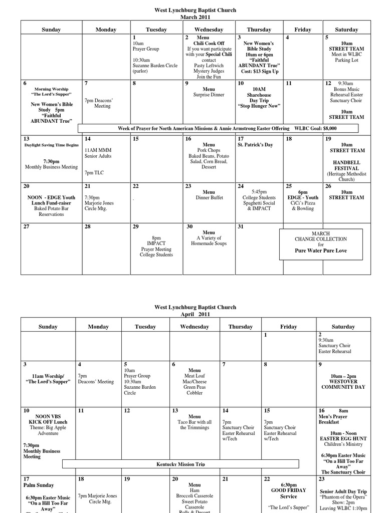 WLBC March April Calendar PDF Easter Lunch