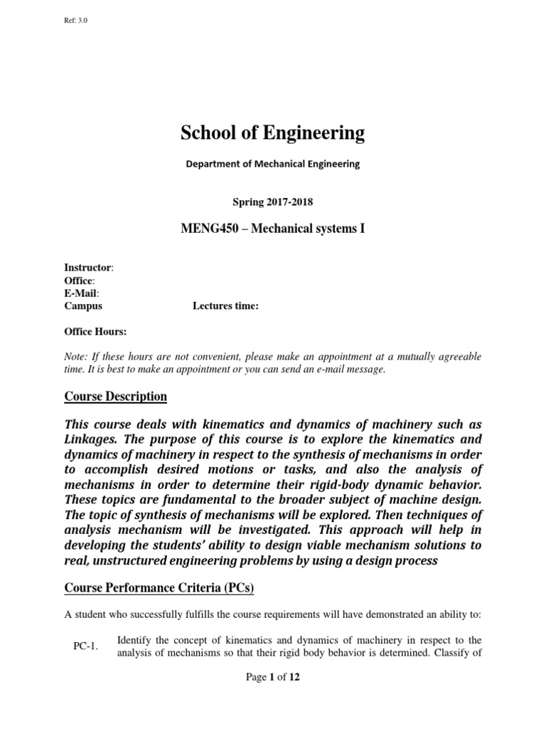 Mechanical Systems I Course Overview | PDF | Kinematics | Machines