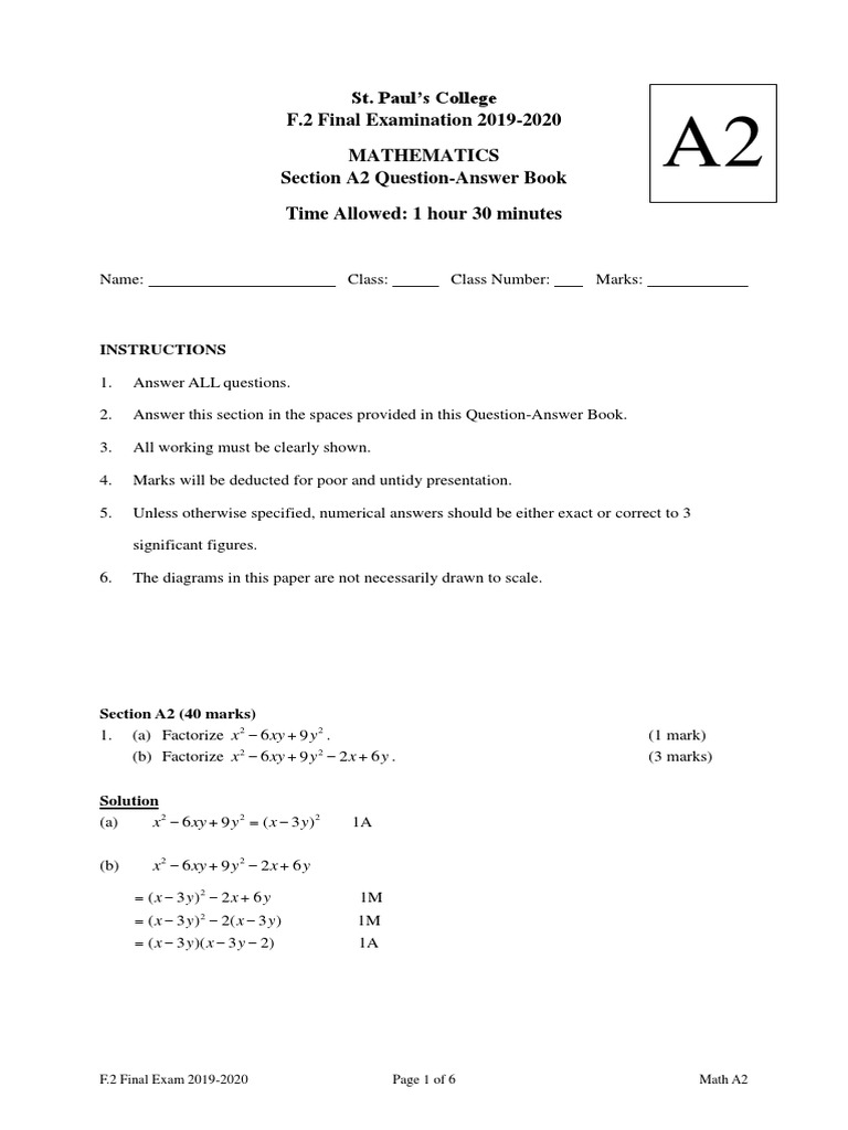 F.2 Math Exam 2019-2020 Answers | PDF | Elementary Mathematics ...