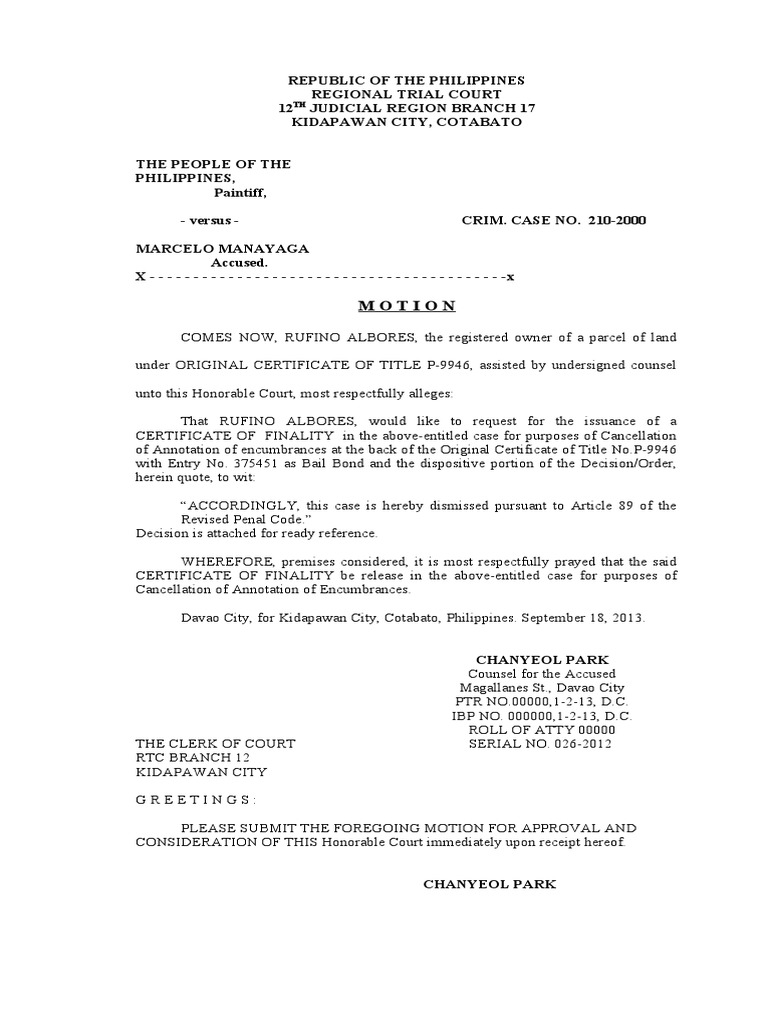 Motion for Cancellation of Bail Bond | PDF