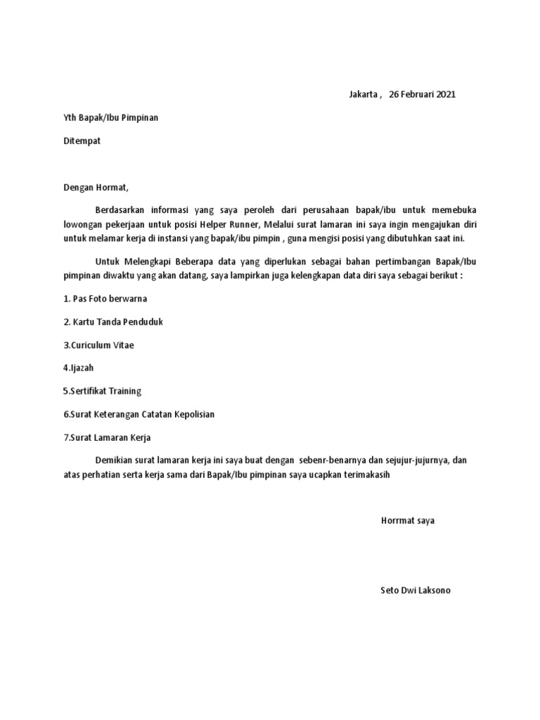 Surat Lamaran Pekerjaan Helper Runner | PDF