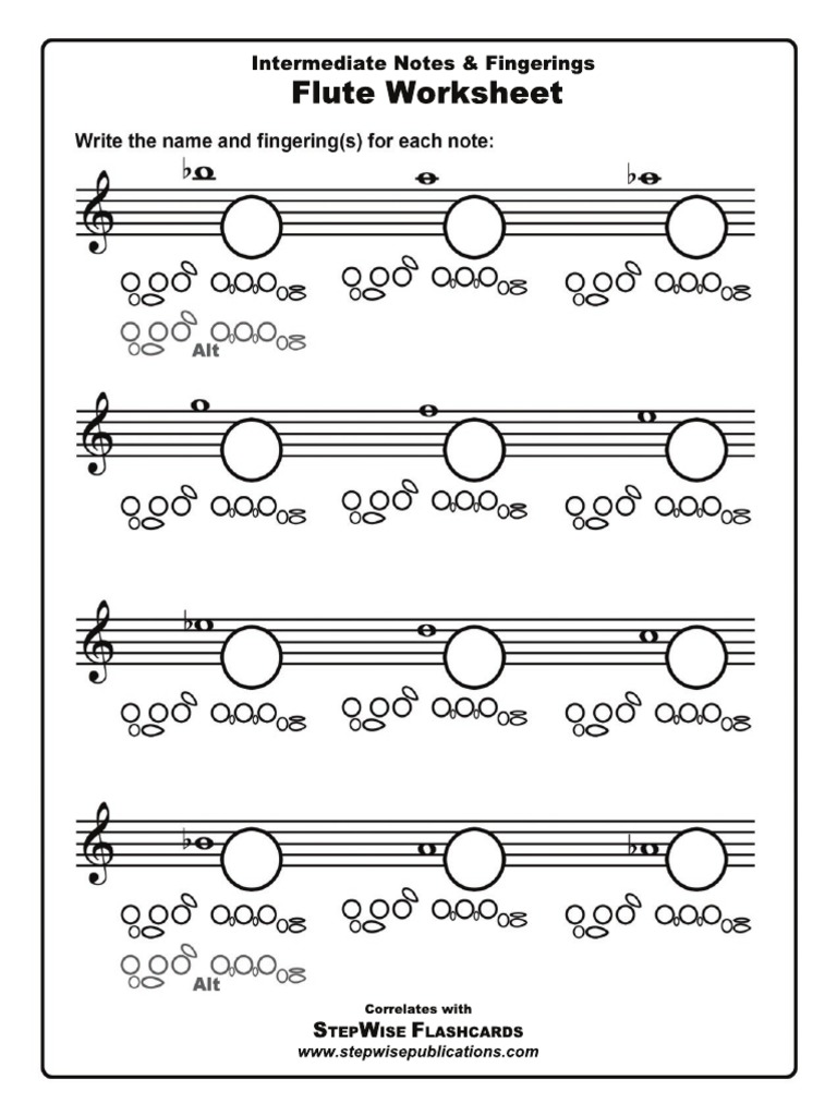 Flute Worksheet Intermediate Notes & Fingerings PDF