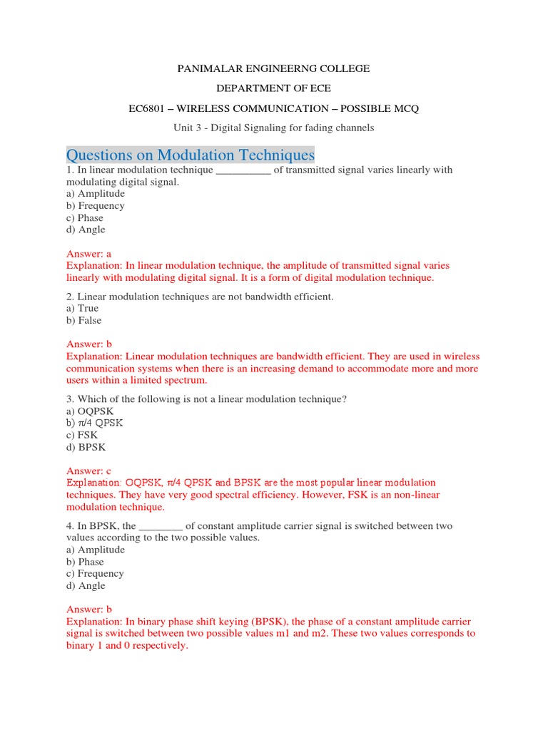 EC6801 Unit 3 MCQ PDF Orthogonal Frequency Division Multiplexing