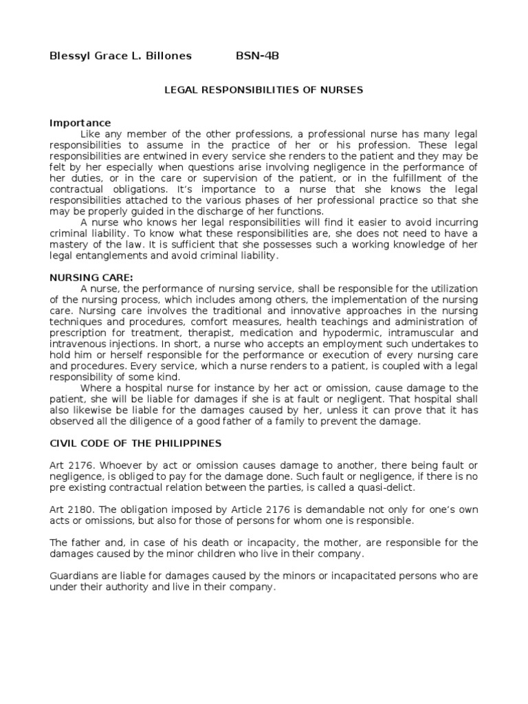 LEGAL RESPONSIBILITIES OF NURSES Nursing Negligence