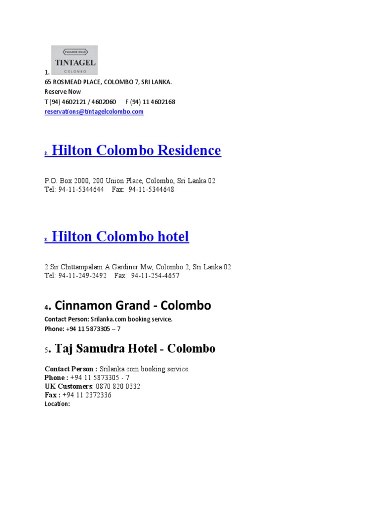 Colombo Hotels Contact List | PDF