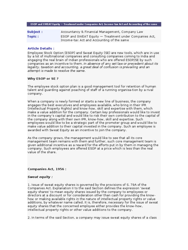ESOP and Sweat Equity PDF Employee Stock Ownership Plan Stocks