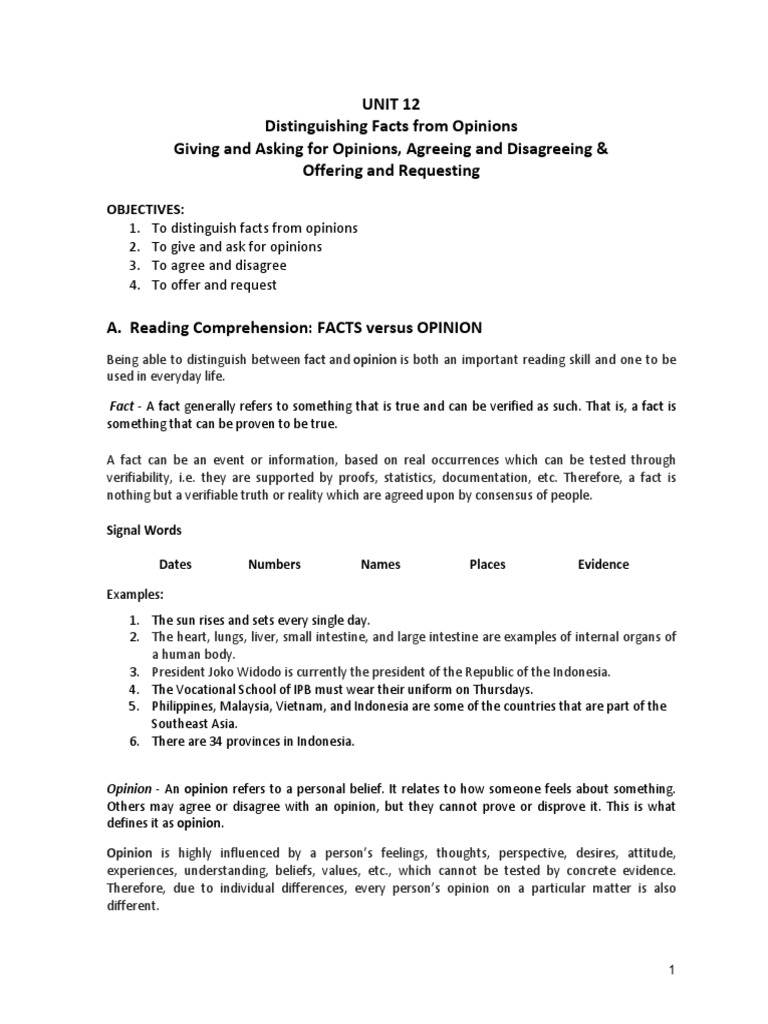 Unit 12 Distinguishing Facts From Opinions Giving and Asking For ...