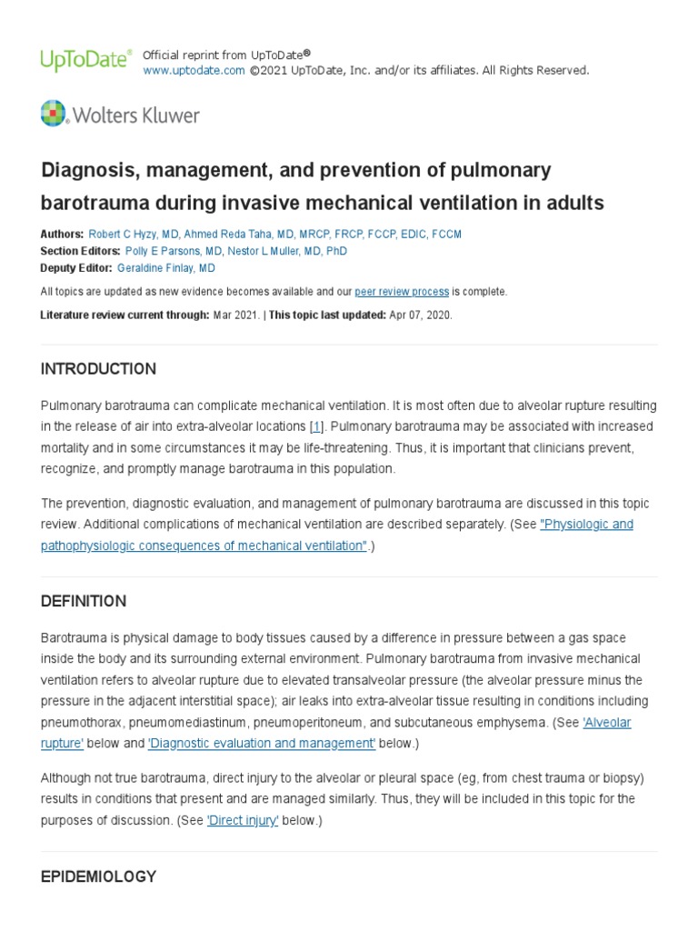 Diagnosis, Management, and Prevention of Pulmonary Barotrauma During