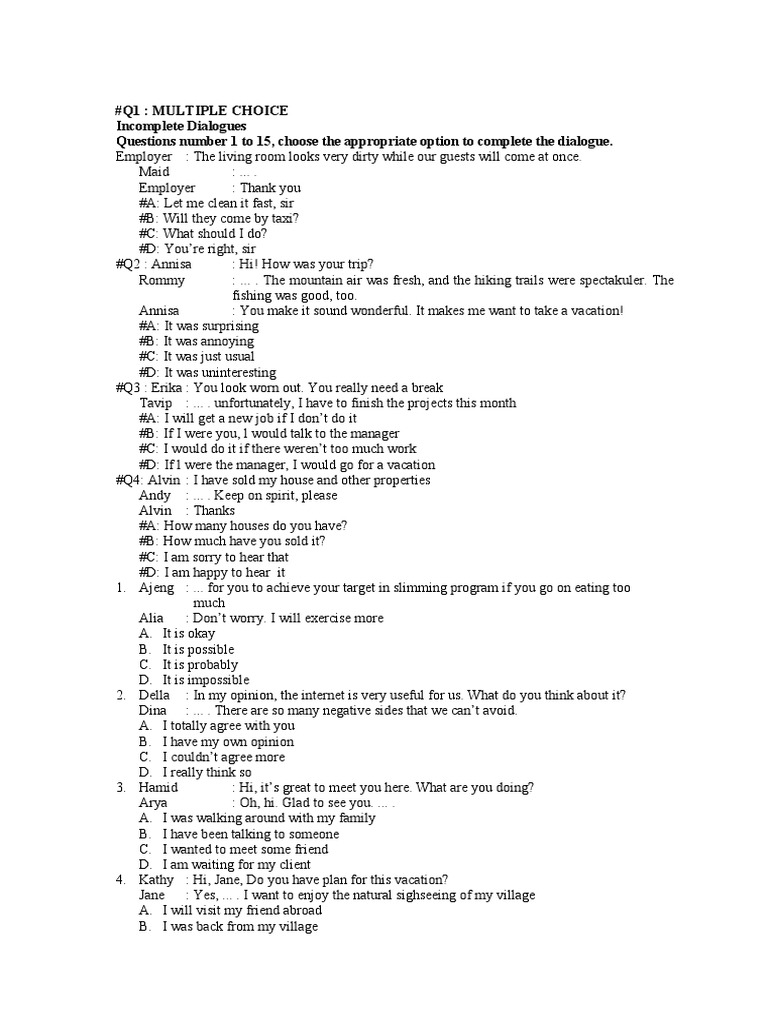 #Q1: Multiple Choice Incomplete Dialogues Questions Number 1 To 15 ...