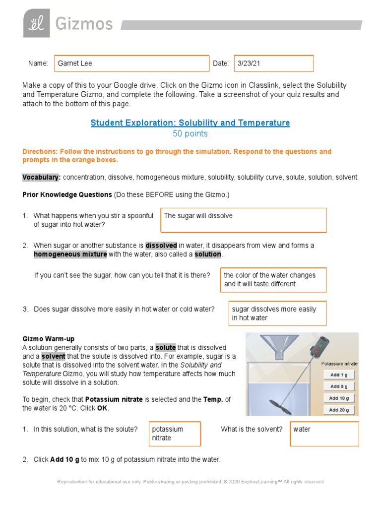 Gizmo Solubility and Temperature PDF Solution Solubility