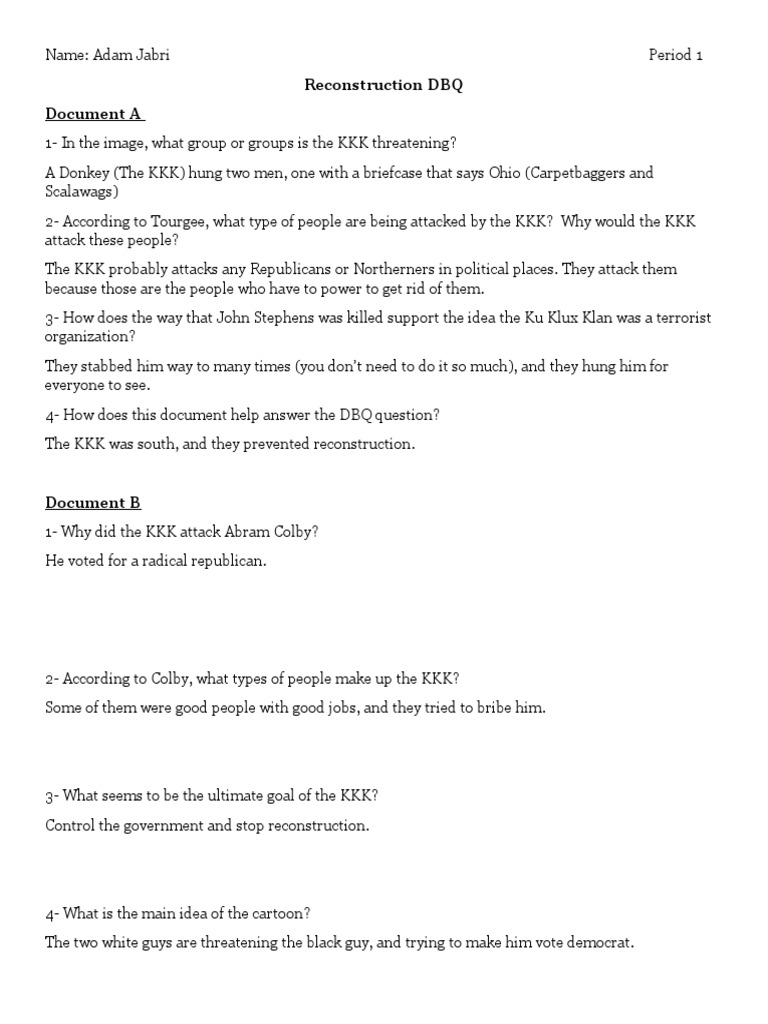 Reconstruction DBQ Questions | PDF | Reconstruction Era | Ku Klux Klan