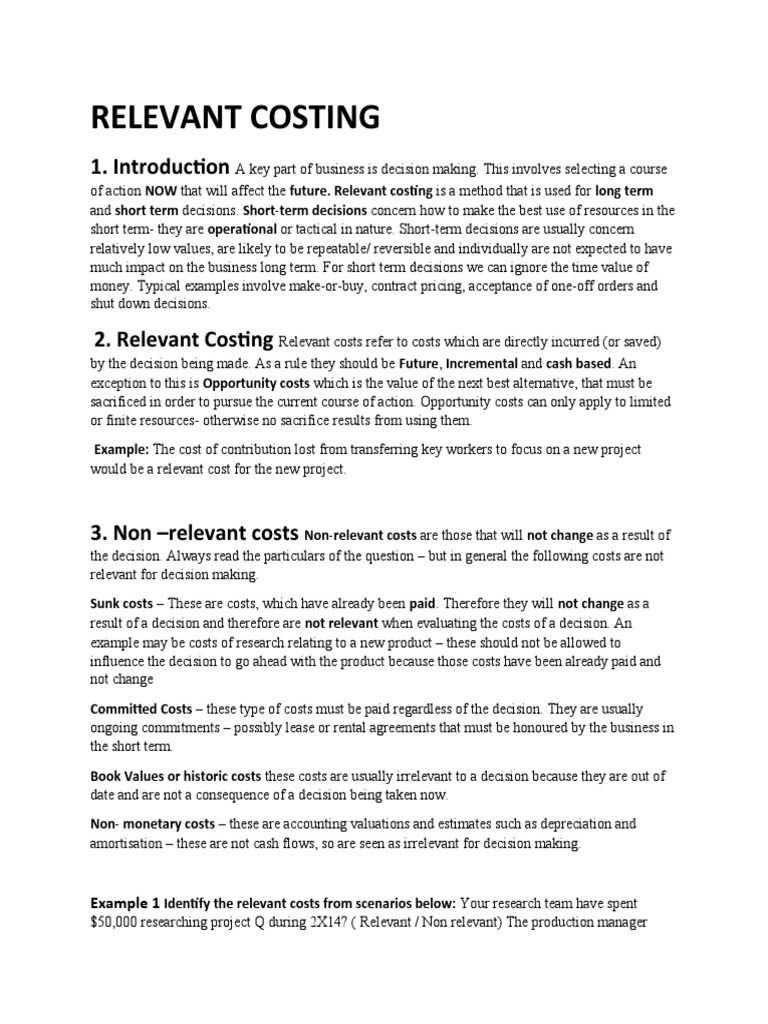 Relevant Costing Example 1 PDF Cost Business Economics