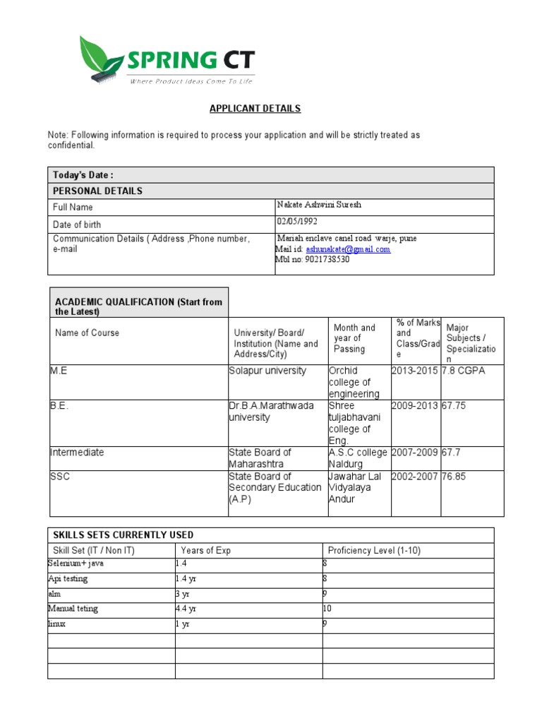 Applicant Details for Software Test Engineer | PDF | Software Testing ...