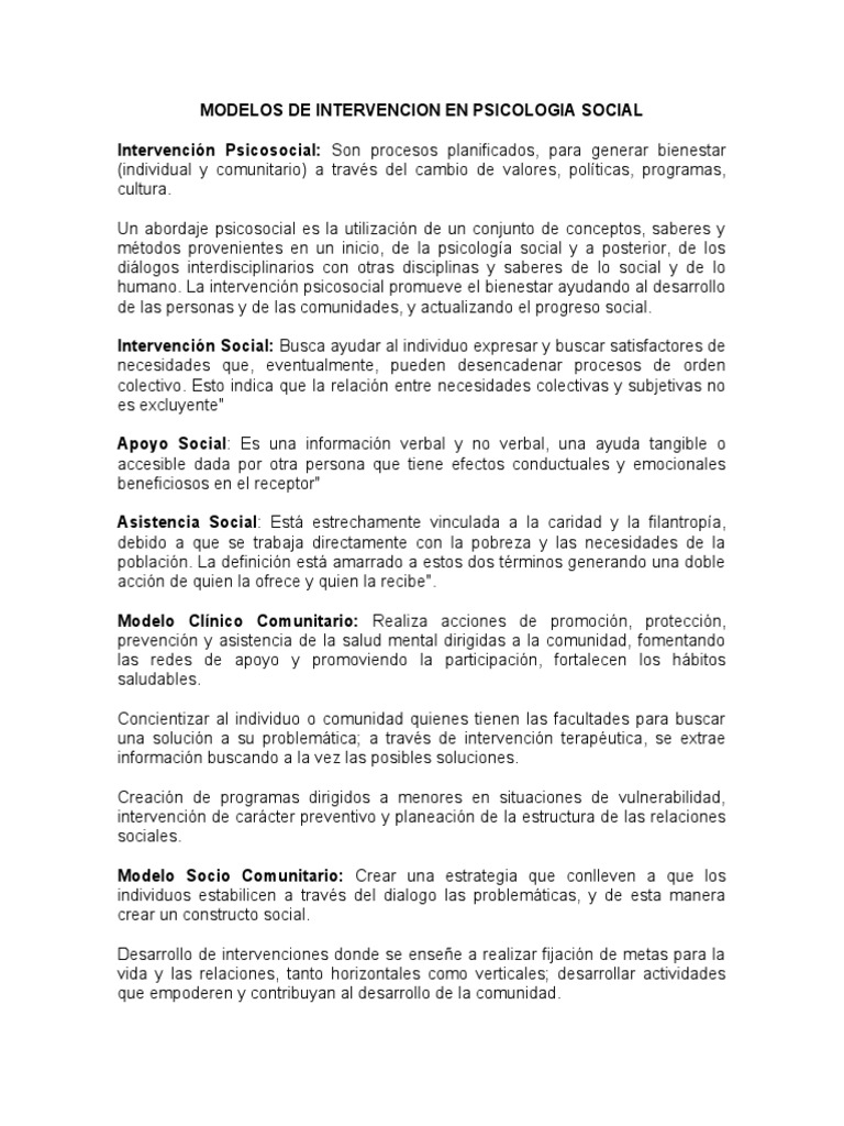 Modelos de Intervencion en Psicologia Social | PDF | Psicología Social ...