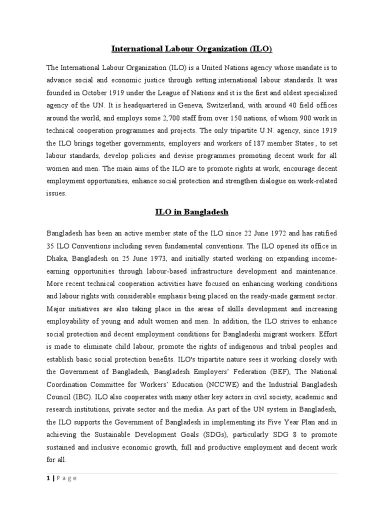 Ilo In Bangladesh Pdf International Labour Organization Social