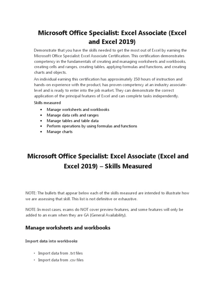 Excel Associate Certification Overview | PDF | Microsoft Excel | Software
