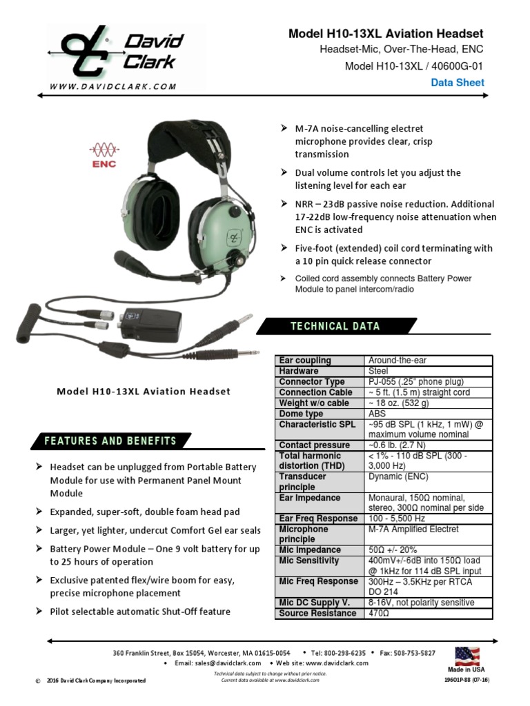 Model H10-13XL Aviation Headset: Technical Data | PDF | Microphone |  Headphones