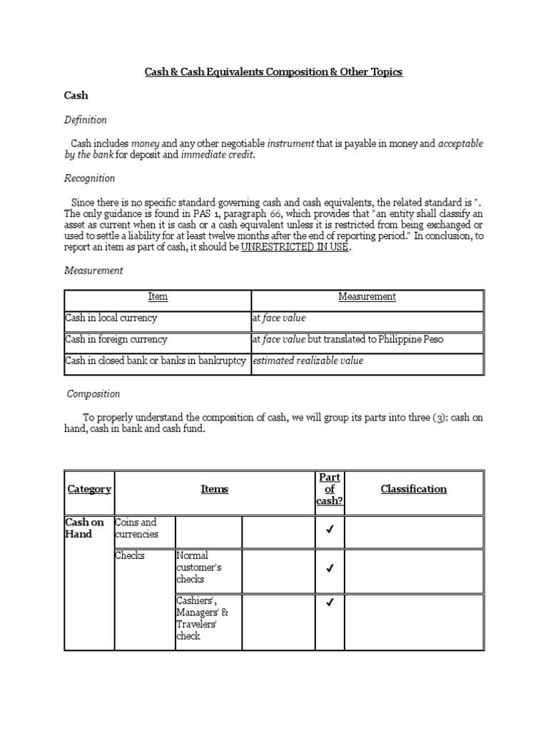 Cash & Cash Equivalents Composition & Other Topics Cash | PDF | Cash ...