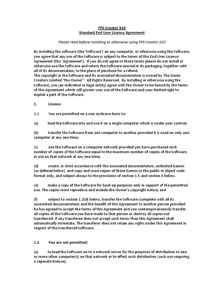 Standard FPS Creator X10 EULA | PDF | License | Software