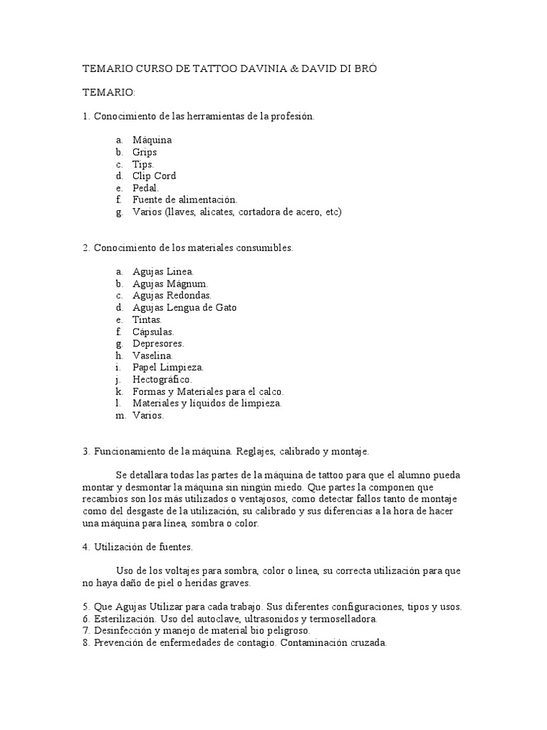 Temario Curso de Tatuajes 2023 | PDF