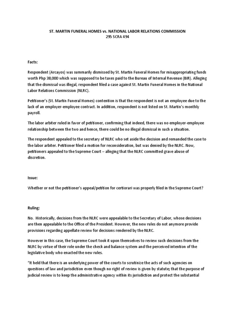 Rule 65 Case No 5 ST Martin Funeral Homes Vs NLRC PDF Appeal
