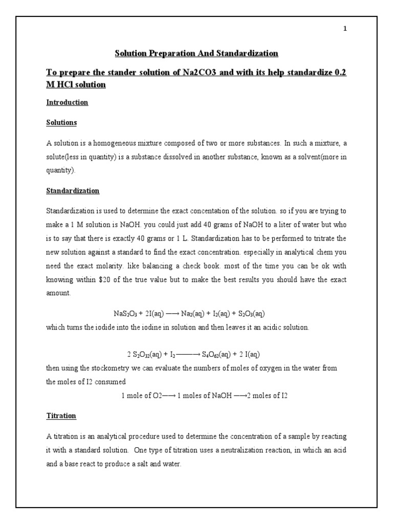 Solution Preparation and Standardization To Prepare The Stander