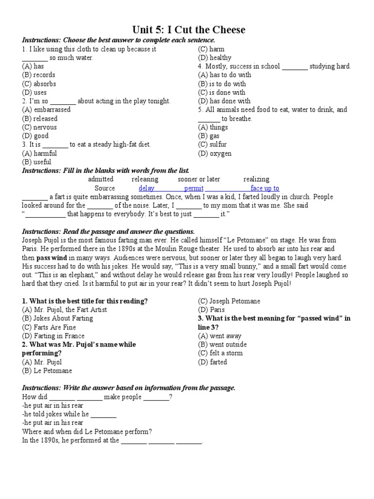 Unit 5 I Cut The Cheese Instructions Choose The Best Answer To