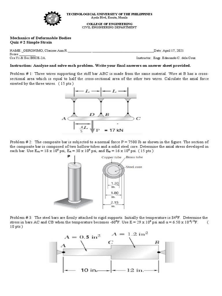 Mechanics of Deformable Bodies Quiz # 2 Simple Strain | Download Free ...
