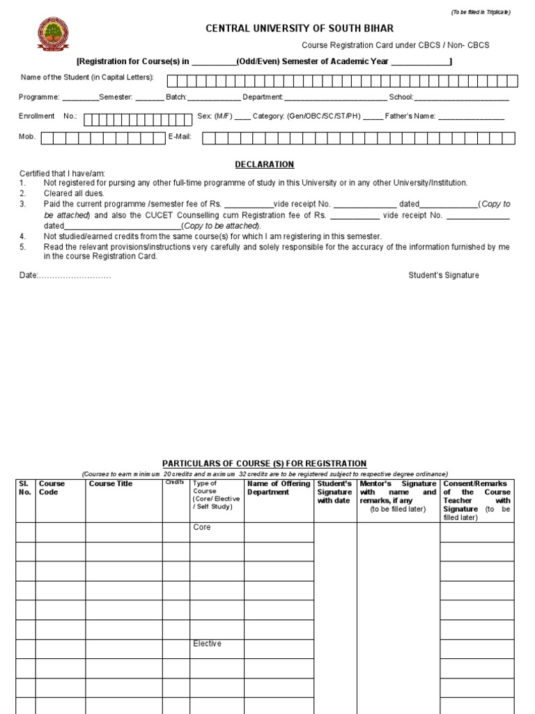 Course Registration Card for CUSB | PDF | Course Credit