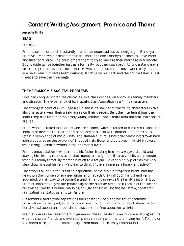 Content Writing Assignment - Premise and Theme: Anvesha Khillar BBA-3 ...
