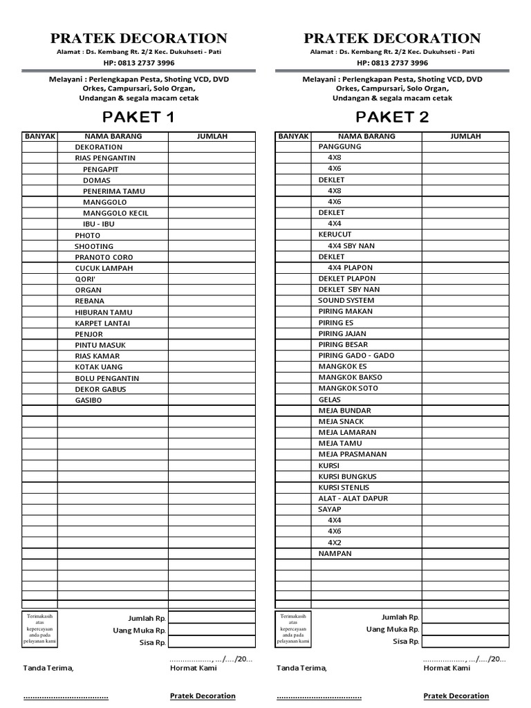 Nota Rias Pengantin Pratek Decoration | PDF