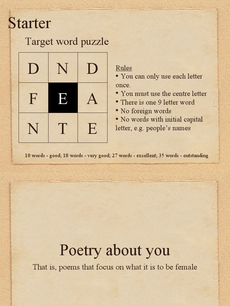 Target Word Puzzle: Starter DN D F A N T E | Download Free PDF | Poetry