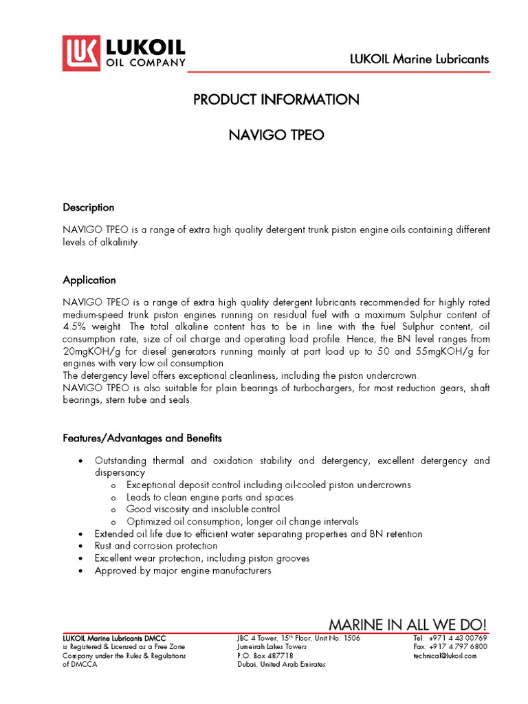 LUKOIL Marine Lubricants TDS - NAVIGO TPEO - EN | PDF | Motor Oil ...