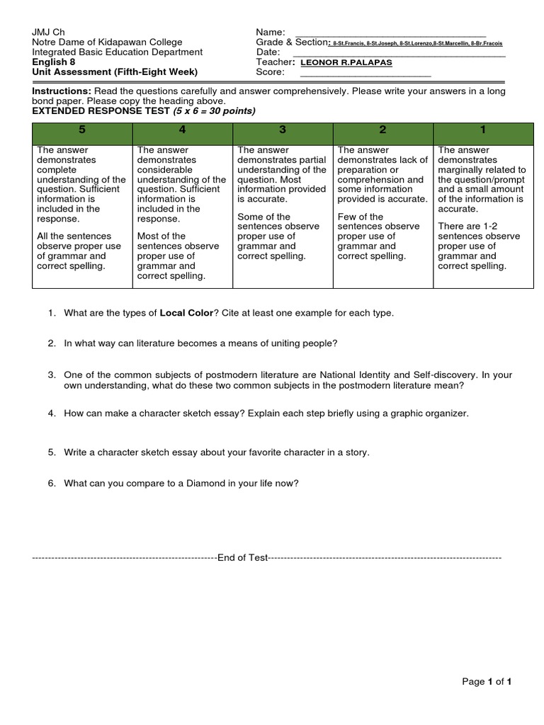 English 8 6th Unit Assessment Pdf Question Reading Comprehension