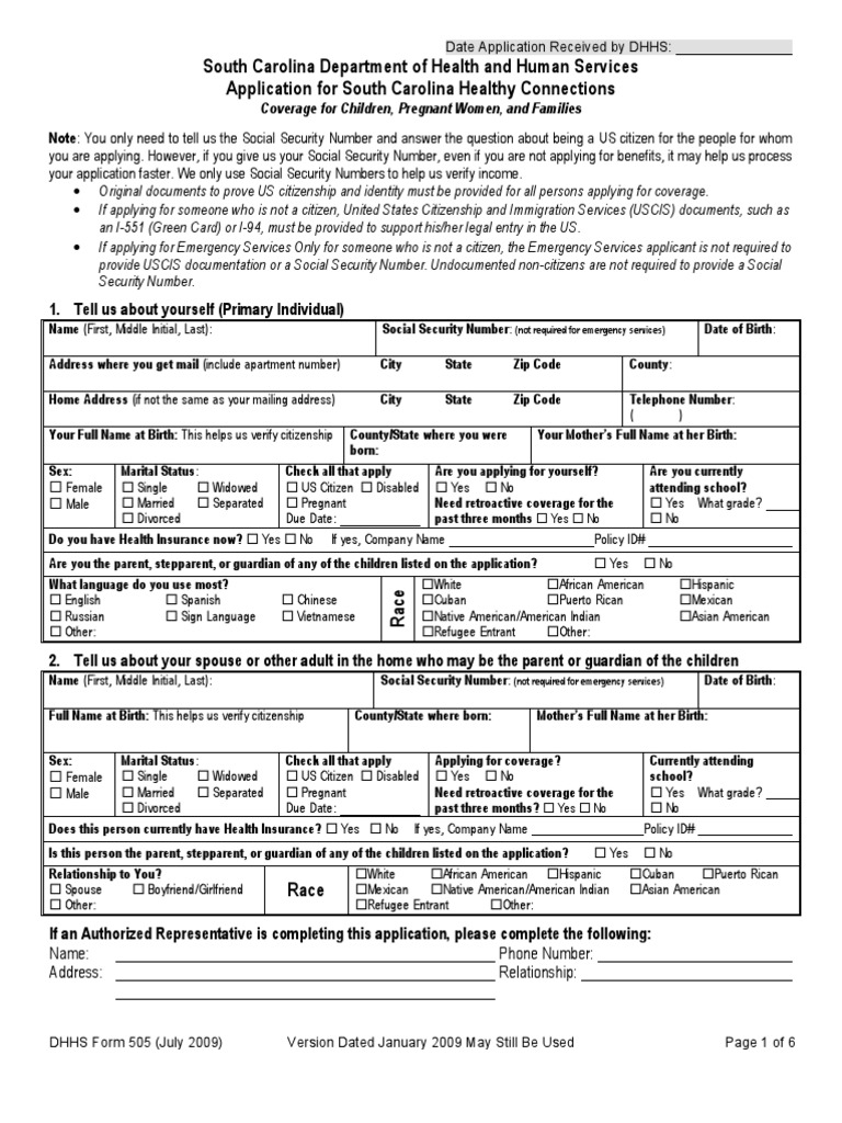 South Carolina Department of Health and Human Services Application For ...