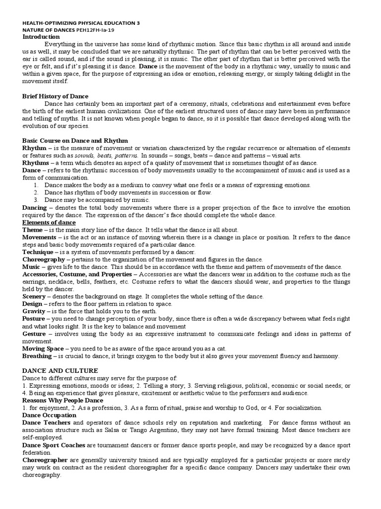 Health-Optimizing Physical Education 3 Nature of Dances Peh12Fh-Ia-19 ...