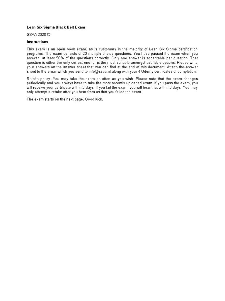 Lean Six Sigma Black Belt Exam | PDF | Correlation And Dependence ...