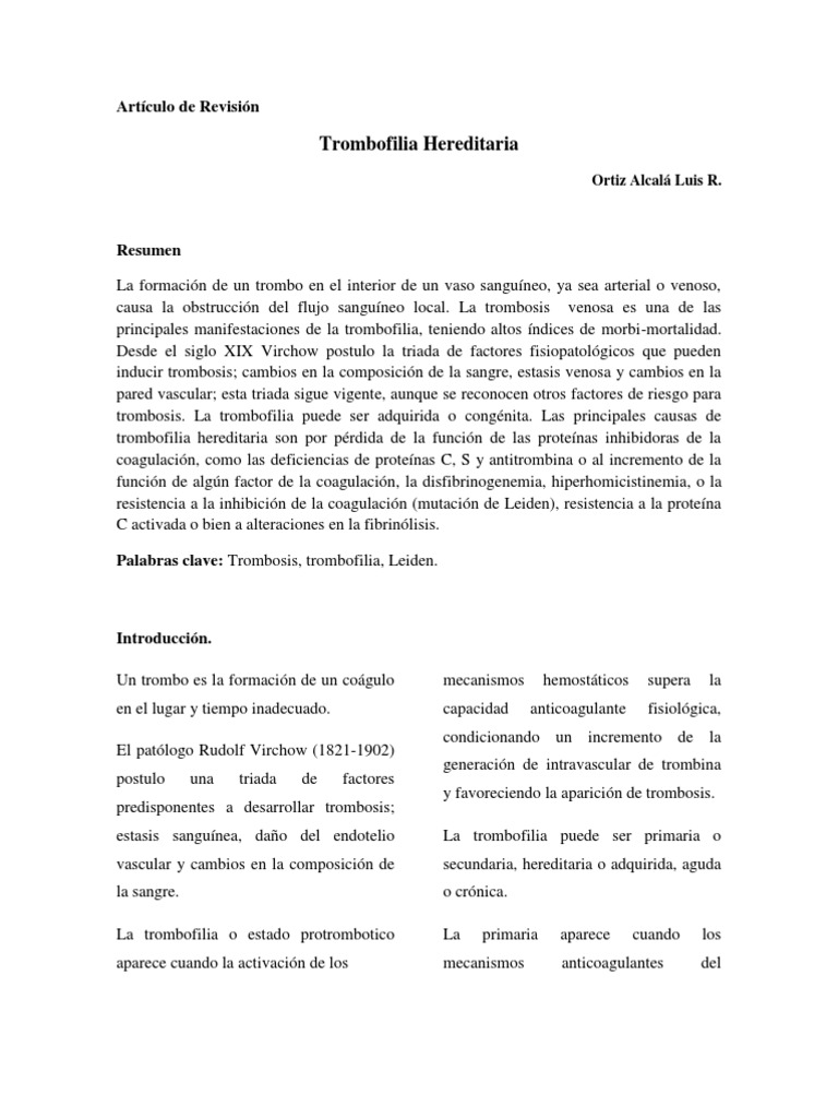 Trombofilia Hereditaria | PDF | Coagulación | Trombo