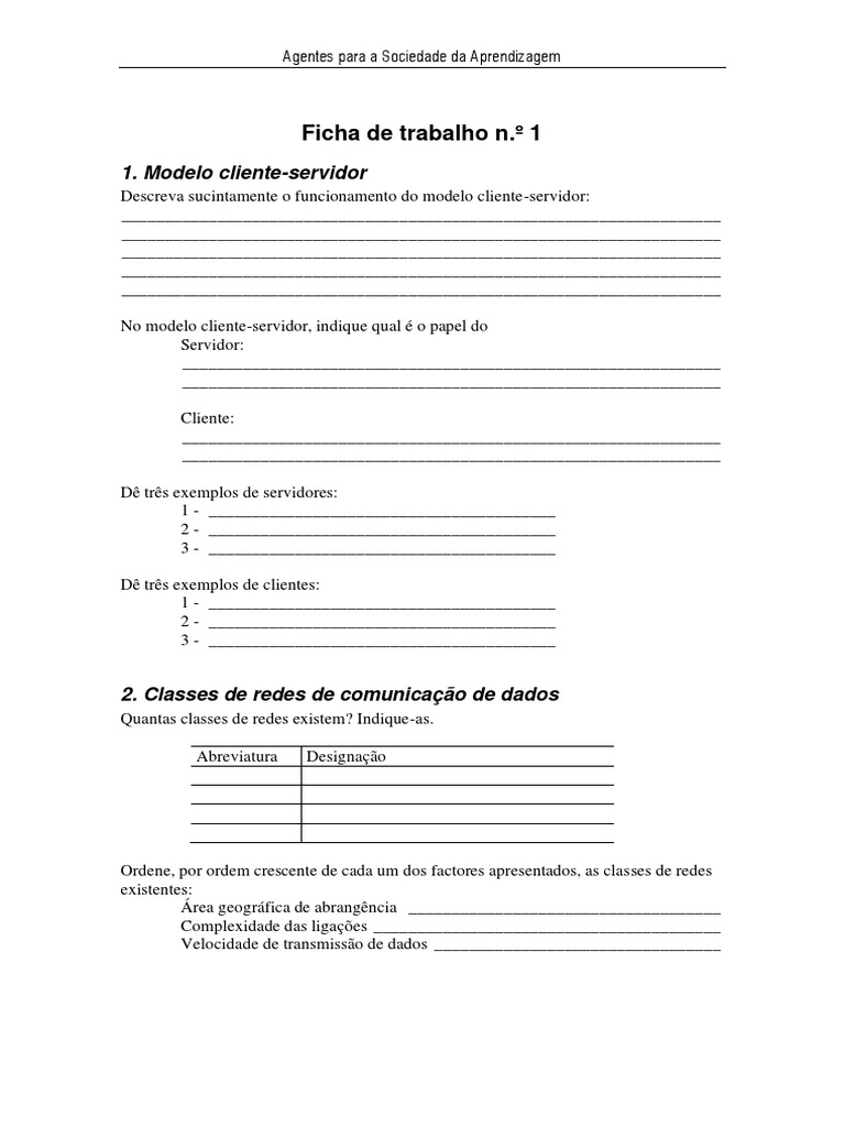 Ficha 1 - Cliente - Servidor | PDF | Modelo cliente – Servidor ...