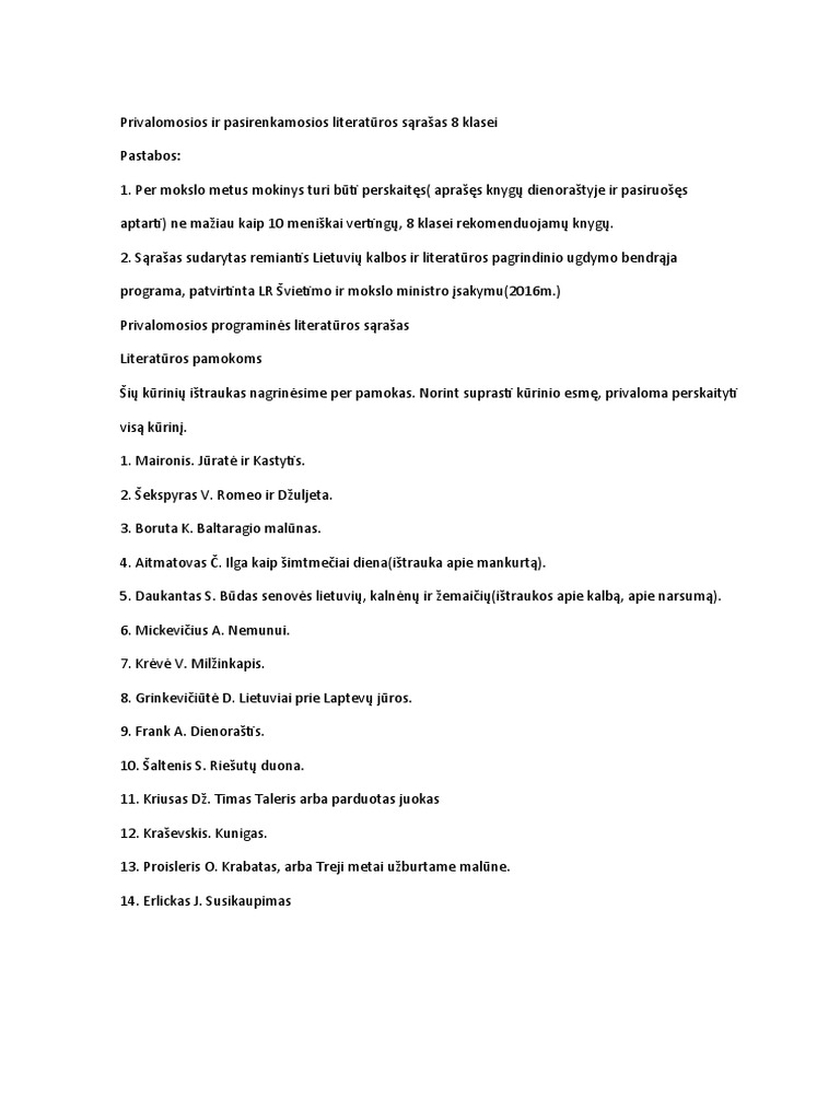 12 Kl Literaturos Sarasas