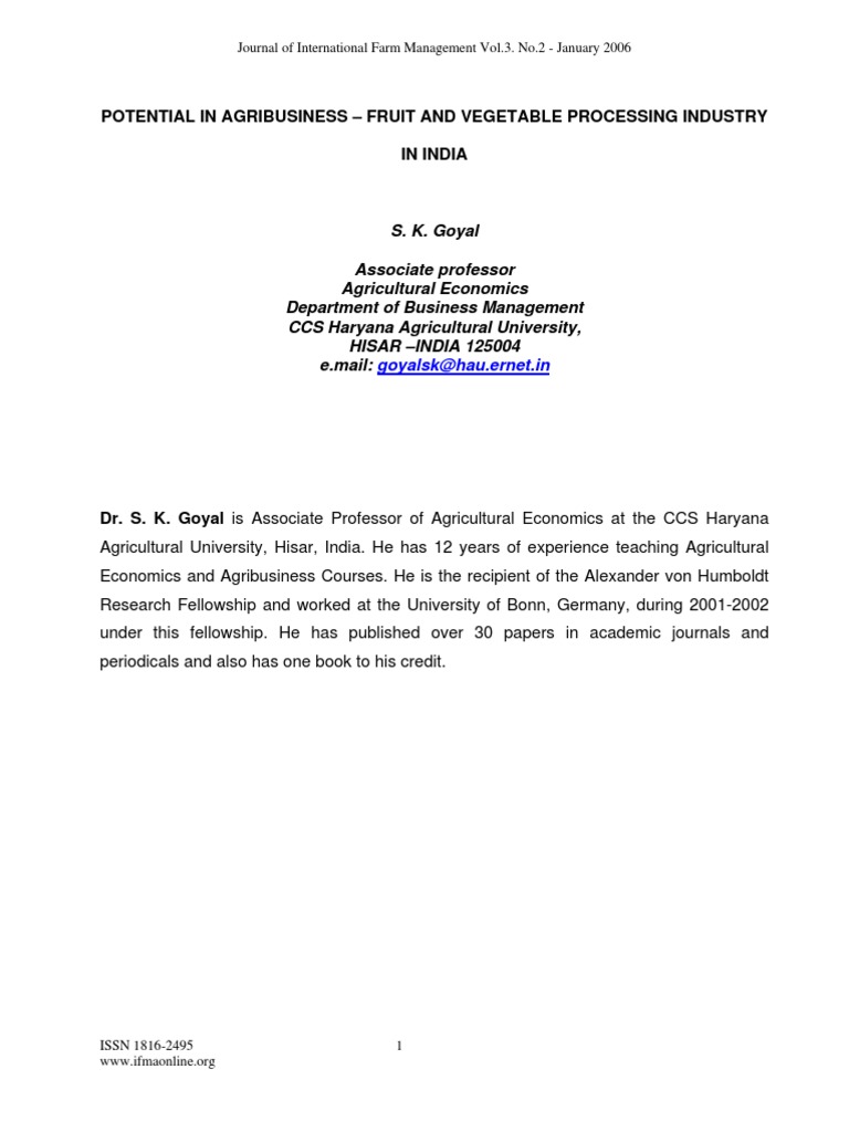 Potential in Agribusiness Fruit and Vegetable Processing Industry in India PDF Vegetables