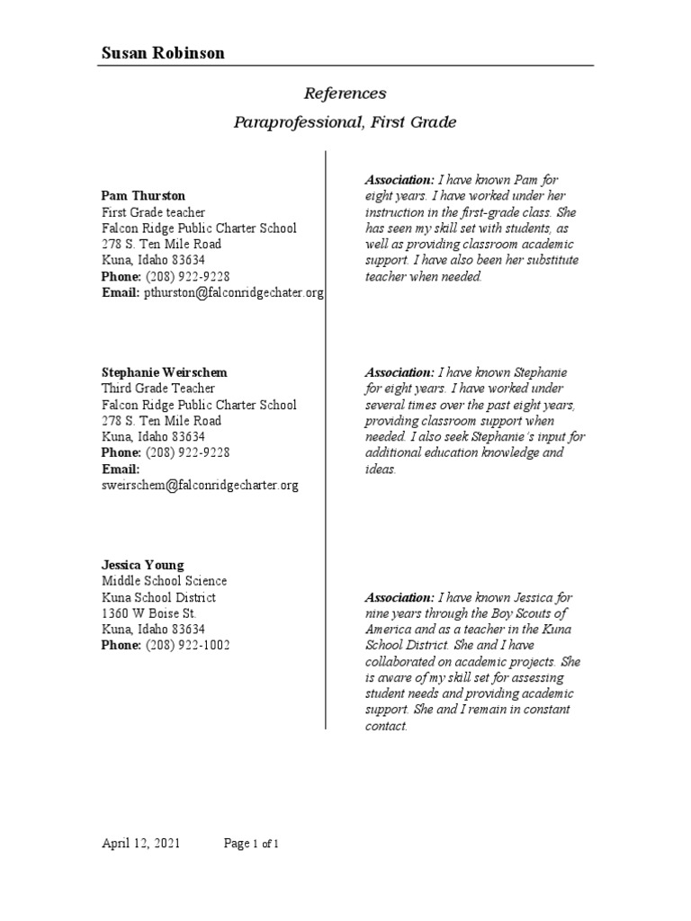 Susan Robinson's Teaching References | PDF