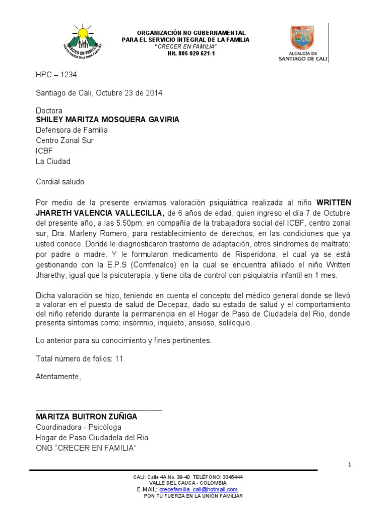 Remision Valoracion Psiquiatrica Written Jhareth Valencia Vallecilla | PDF