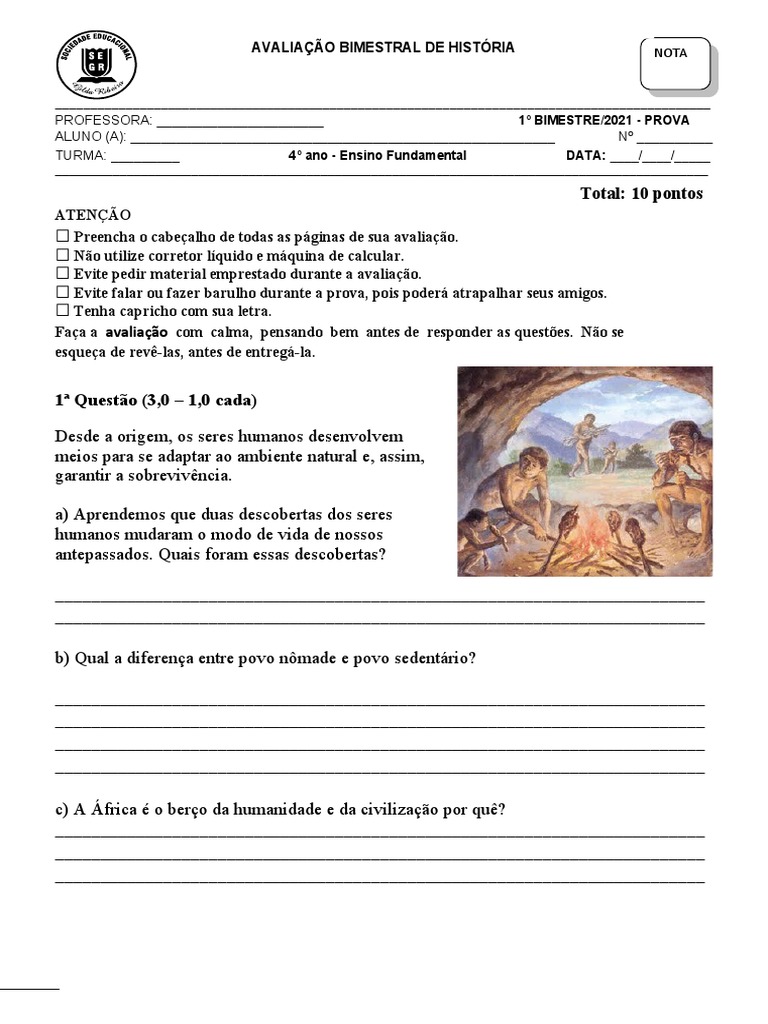 Prova de História 4º Ano - 1º Bimestre | PDF | Escrita | Cultura (geral)