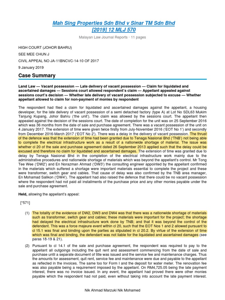 Mah Sing Properties Sdn Bhd V Sinar Tm Sdn Bhd Pdf Invoice Receipt