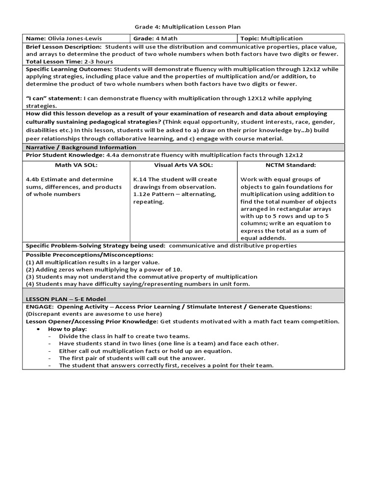 Grade 4 Multiplication Lesson Plan | PDF | Lesson Plan | Pedagogy