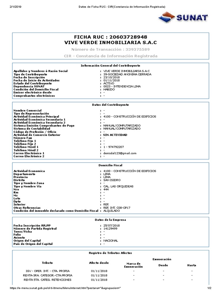 Ficha RUC de Vive Verde Inmobiliaria S.A.C | PDF | Telecomunicaciones ...