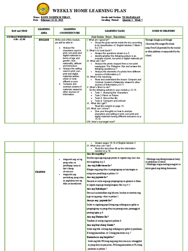 Weekly Learning Plan for Grade VI | PDF | Facebook