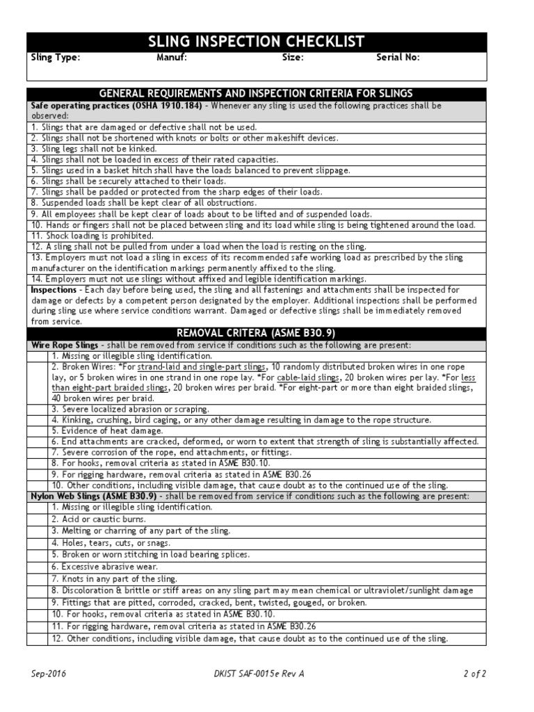 Sling Inspection Checklist General Requirements and Inspection